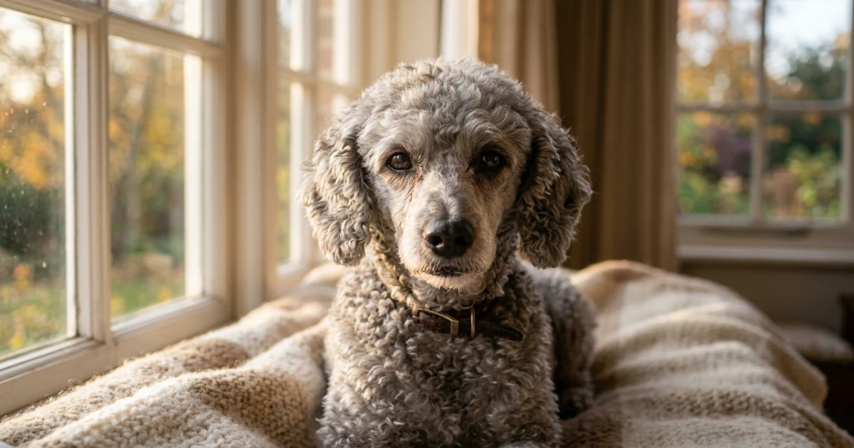 Rescued standard poodle relaxing calmly in a foster home with sunlight through window